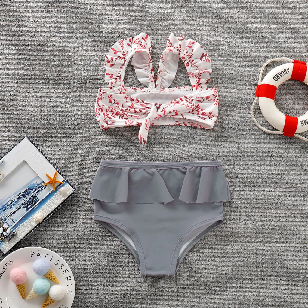 Купальник с оборками для девочек повседневное милое бикини цветочным принтом