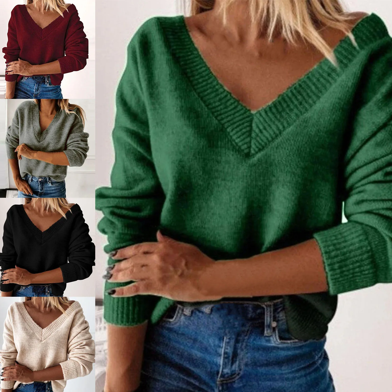 

2021 Autumn Women's Sweater Solid Color V Neck Autumn Winter All Match Long Sleeve Patchwork Knitted Pullover Top for Daily Wear