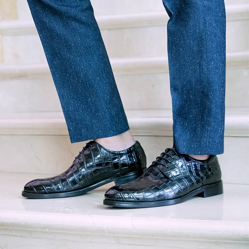 

Phenkang Men Genuine Leather Crocodile Pattern Shoes Formal Dress Classic Pointed Glossy Mens Wedding Lace Up Oxford Shoes