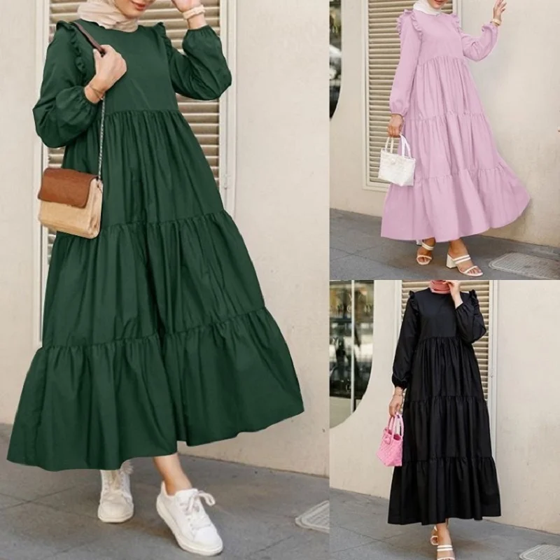 

Retro round neck long sleeve women's spring casual dress Abaya headscarf maxi dress