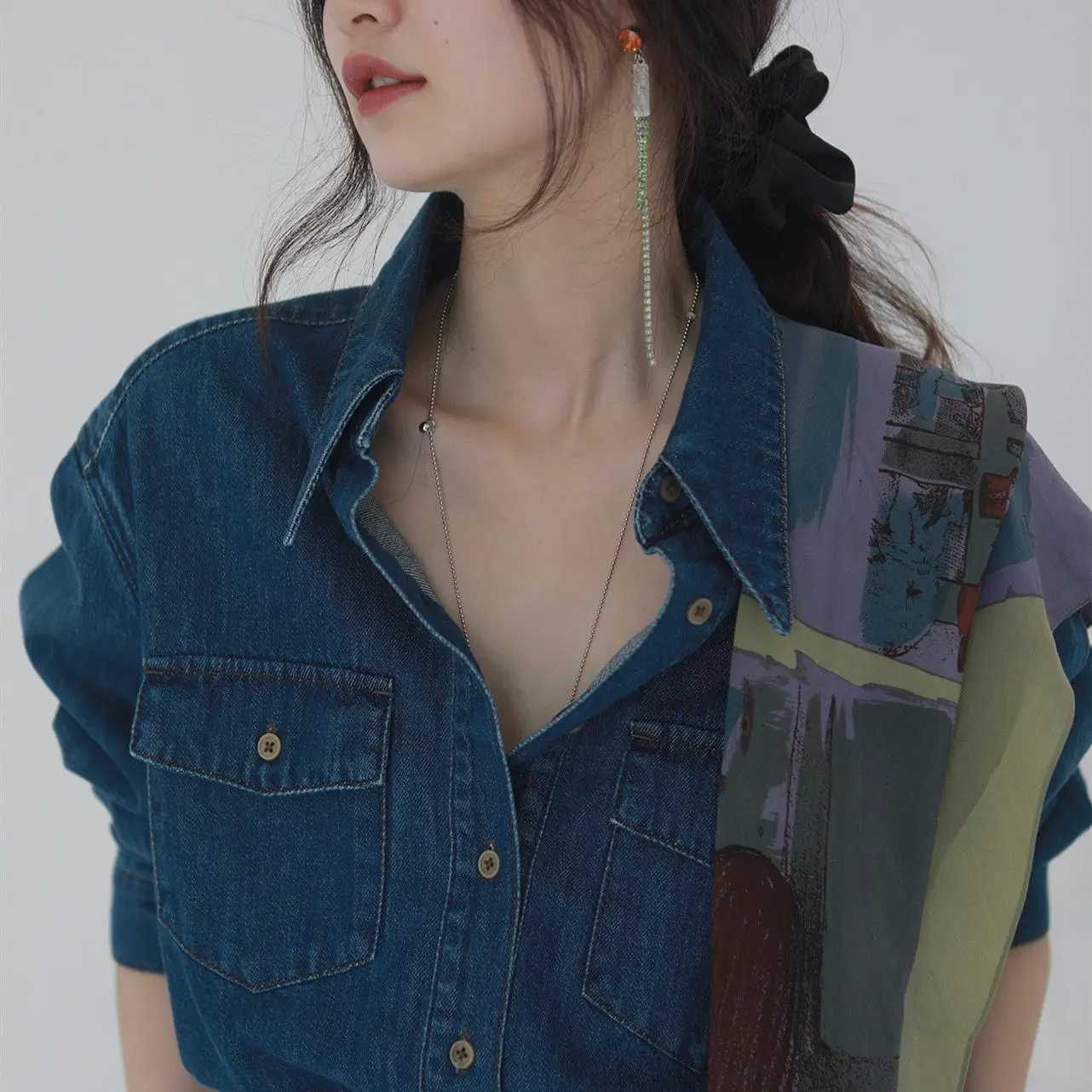 Блузка женская джинсовая темно-синяя свободная рубашка из денима | Женская