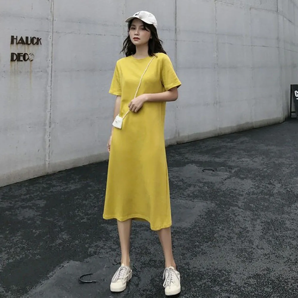 

Japan Style Fashion Casual 2021 Summer Women's Dress Loose Simple Solid Color Thin Popular Round Neck Short Sleeve