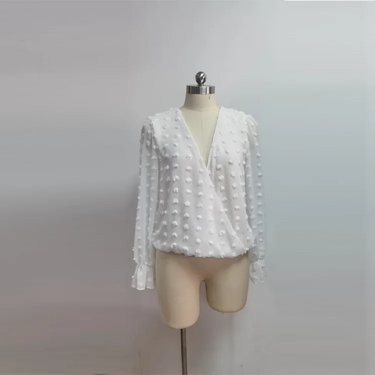 

Spring and Autumn New Fashion Women's White Jacquard Deep V Long Sleeve Chiffon Shirt