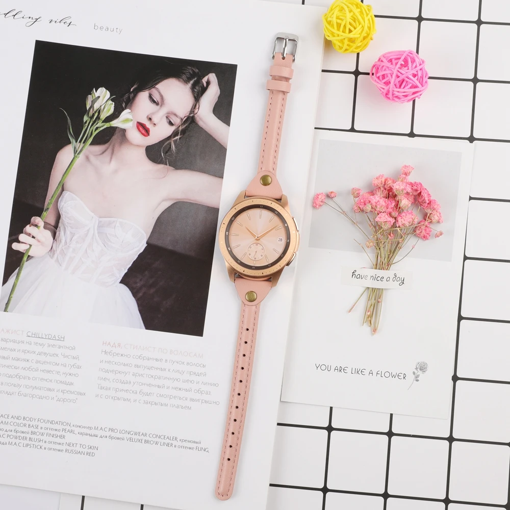 Тонкий ремешок для часов из натуральной кожи для samsung Galaxy Watch 42 мм 46 мм женский ремешок Серебристый Стальной ремешок с пряжкой для активных 2 40 мм 44 мм