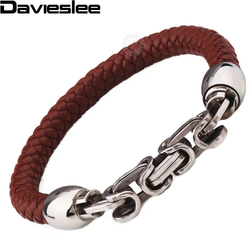 Плетеная веревка 9 мм мужской кожаный браслет коричневый черный из нержавеющей