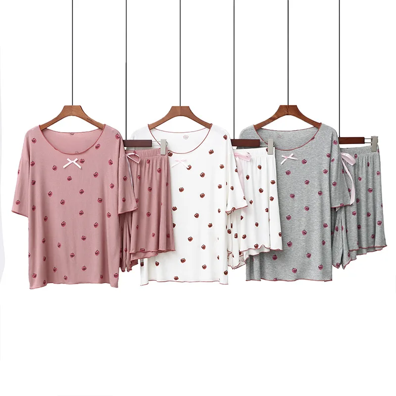 

Summer New Style Modal Leisure Breathable Home Furnishing Clothing Fresh Lovely Sweet Strawberry Pajamas Set With Wood Ear Print