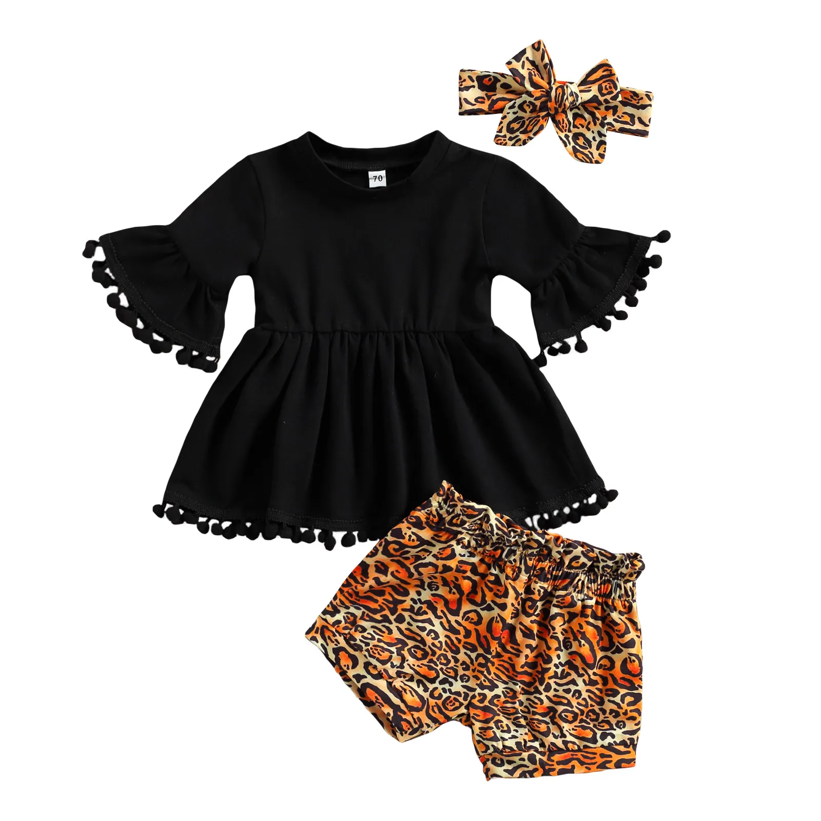 

2021 0-3Y Infant Baby Girls Summer Casual Clothing Flare Sleeve Solid Color Ruffle Tassel Top+Leopard Shorts+Headband Set 3pcs