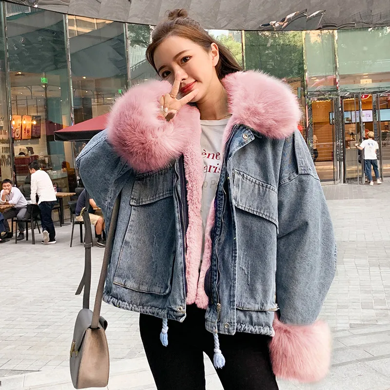 

YUZACDWX 2020 New Fashion Korean Thicken Women Jeans Jacket Fashion Winter Long Sleeve Big Fur Collar Warm Ladies Denim Coats