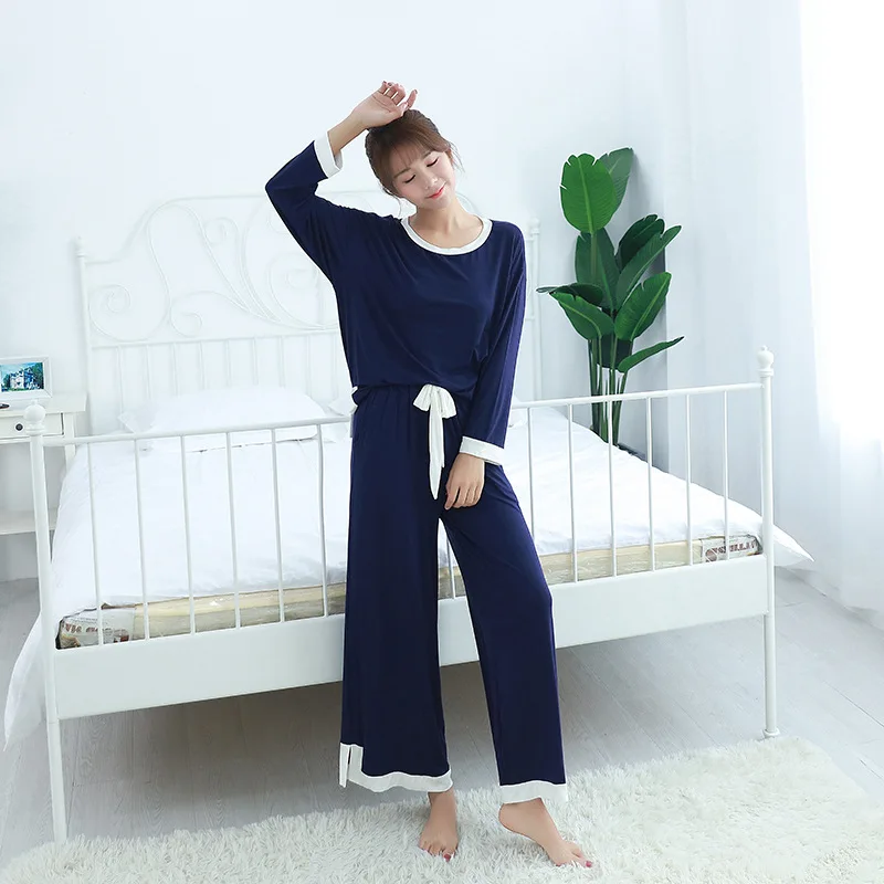

Women Pajamas 2020 New Autumn Modal Round Neck Long-sleeved Loose Wide-leg Pants Casual Women's Suit Can Wear Two-piece Pijama