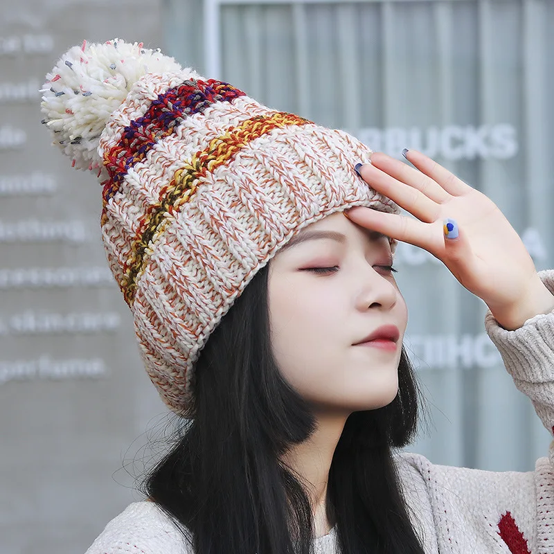 2021 New Korean Women's Hat Winter Plus Velvet Cold-Proof Ear Protection Woolen Fashion Color Matching Thick Knitted | Аксессуары