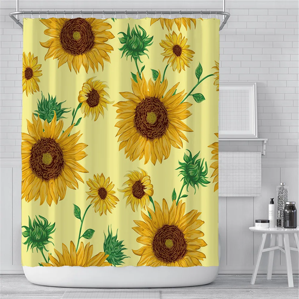 

Sunflower Full Yellow Flowers Green Leaves Shower Curtain Set Waterproof Polyester Fabric Bath Curtains With Hooks