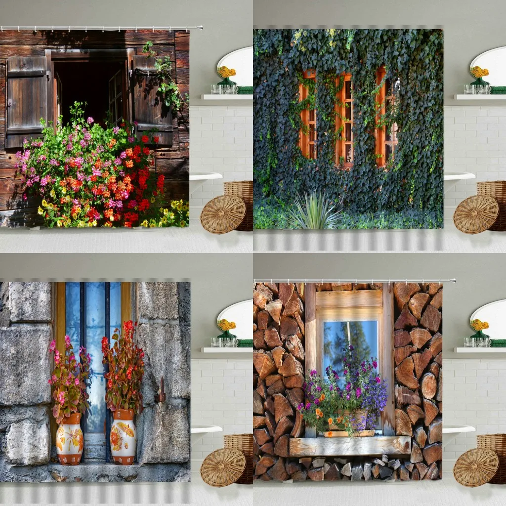 

Деревянная занавеска для душа на окно, Декор для дома в стиле ретро, с изображением цветов, зеленых растений, старых камней, кирпичной стены, ...