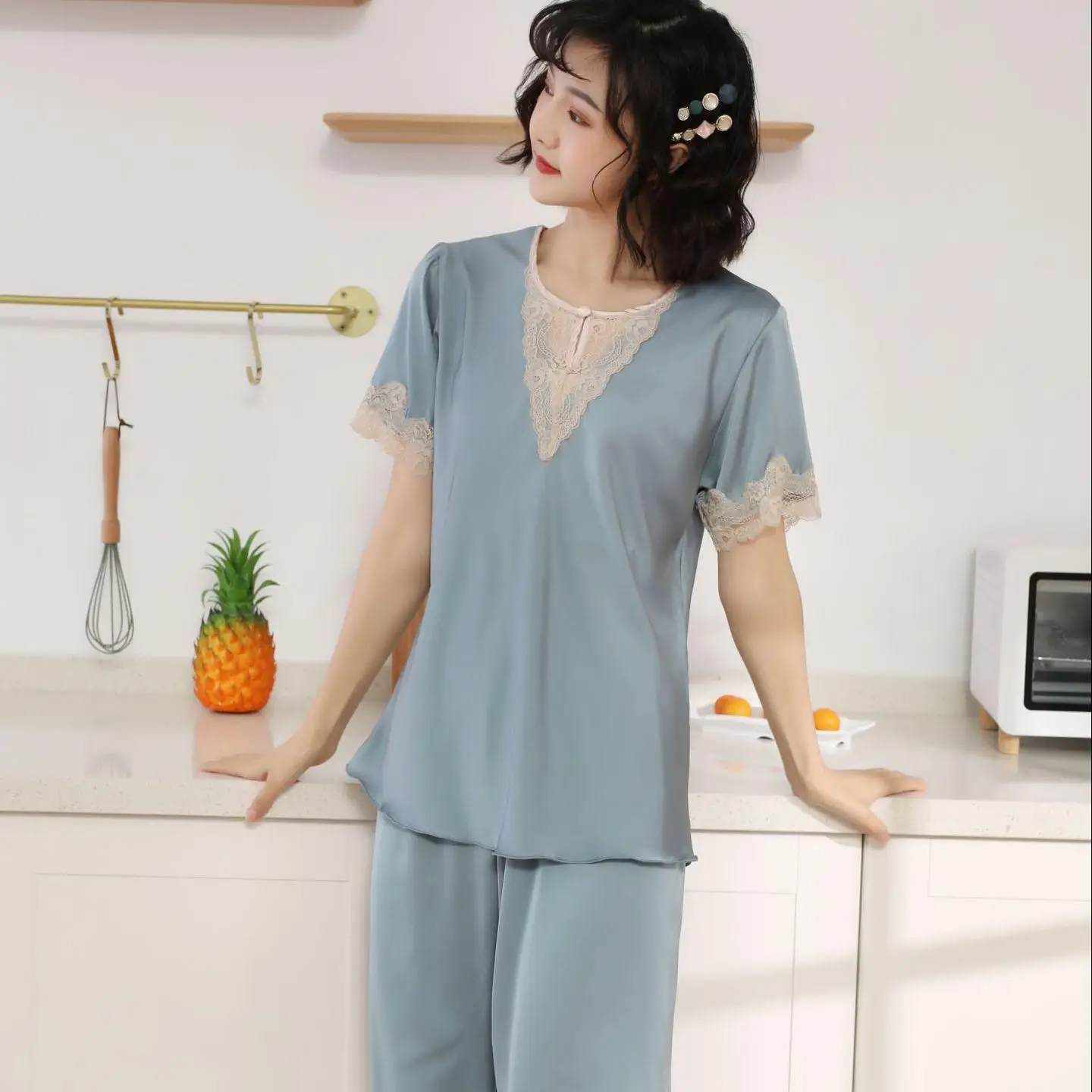 

2021 New Nightwear Blue Novelty Home Clothing Lace Satin Patchwork 2PCS Pajamas Suit Casual Sleepwear Intimate Lingerie