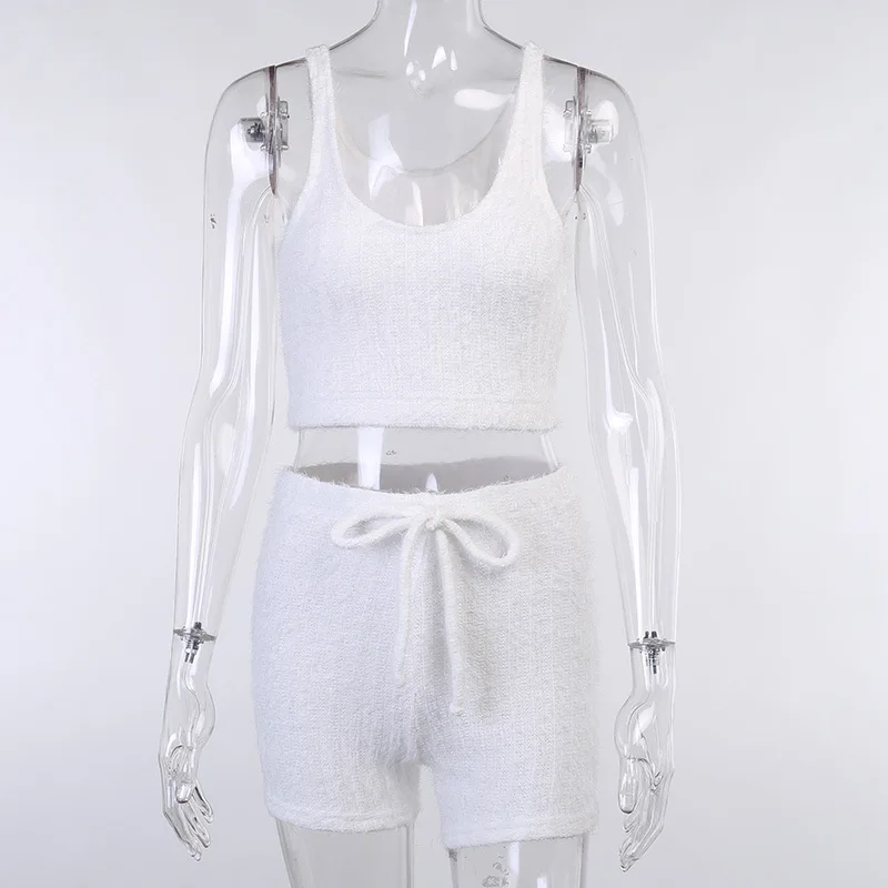 

Night Club 2020 Winter Style Velvet Strap Tops Drawstring White Solid Shorts Two Piece Women Set Fashion Designer Women's Set