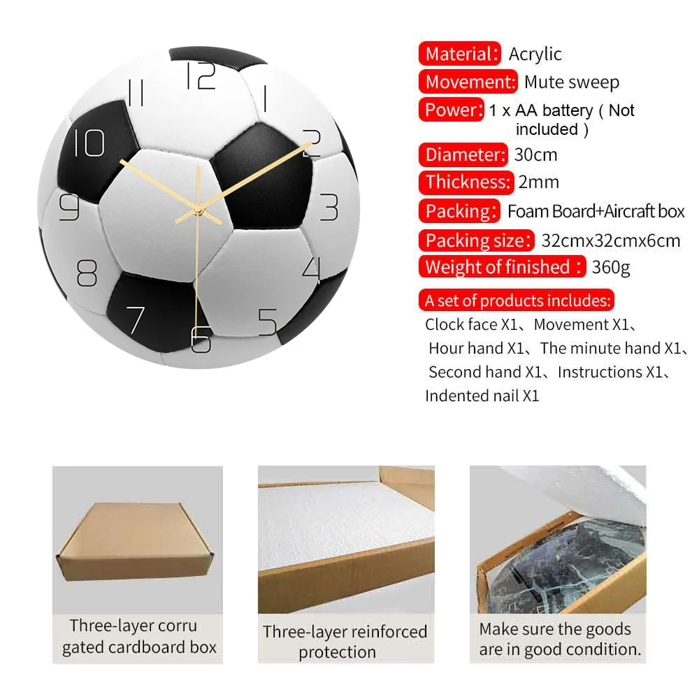 

Personality football wall clock acrylic football design wall clock mute clock decoration wall clock wall hanging home decoration