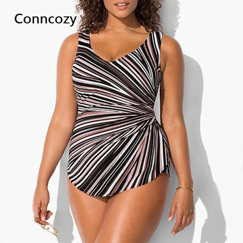 

Plus Size Swimsuit 2021 New Seaside Vacation Striped Print Halter One-piece Swimwear Women Sexy Bathing Suit Monokini Beachwear