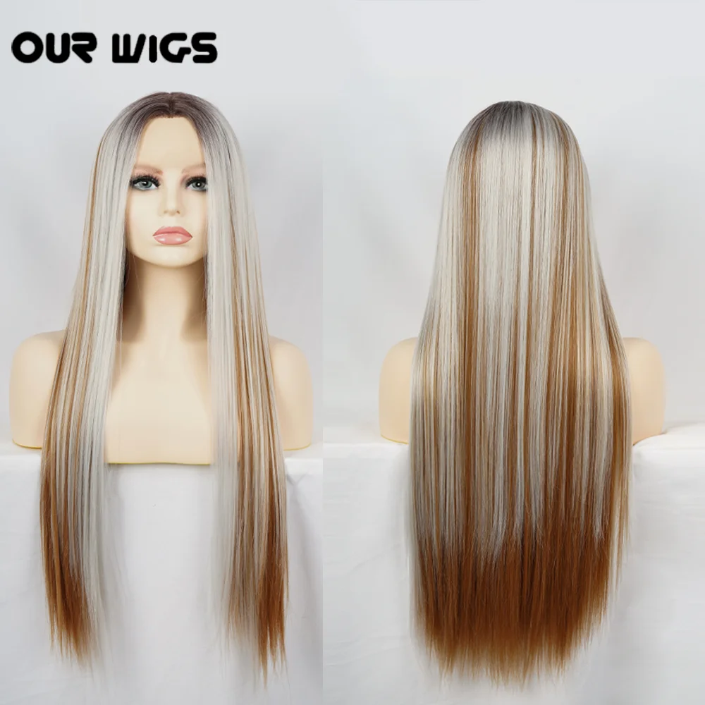 

Grey Golden Highlight Synthetic Frontal Lace Wigs Middle Part Long Straight Hair Cosplay 28 Inch 13x1 T Part Lace Wig for Women
