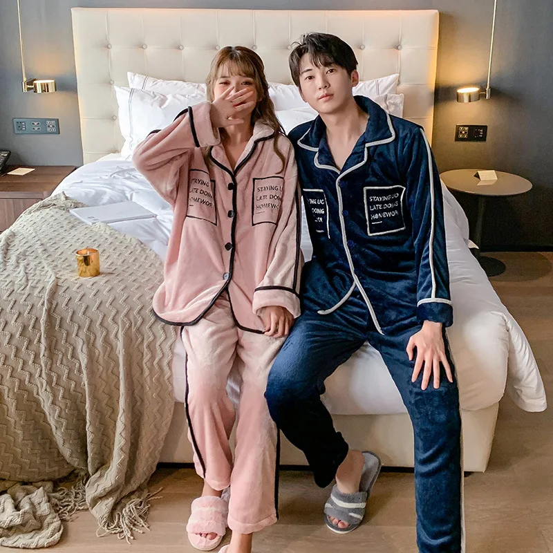 New Flannel Couple Pajamas for Women and Men Thickened Plus Velvet Coral Fleece Homewear Clothes Sleepwear Pajamas Set пижама