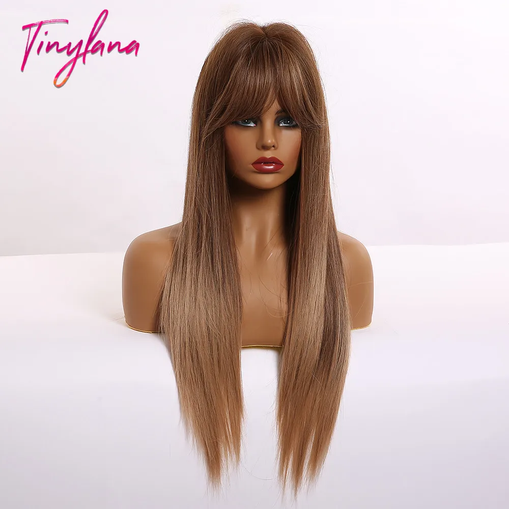 Маленькие натуральные длинные прямые волосы LANA с челкой коричневые блонд Омбре