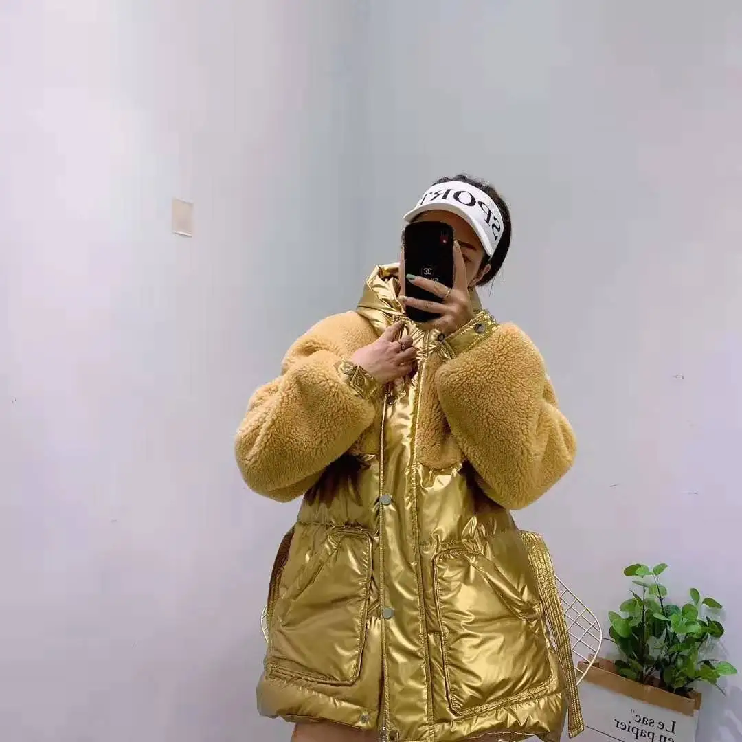 Женские пальто, зима 90%, белый утиный пух, куртка, тонкая одежда, пэчворк, овечий мех, пальто с капюшоном, Толстая теплая парка, талия, шерсть, смесь