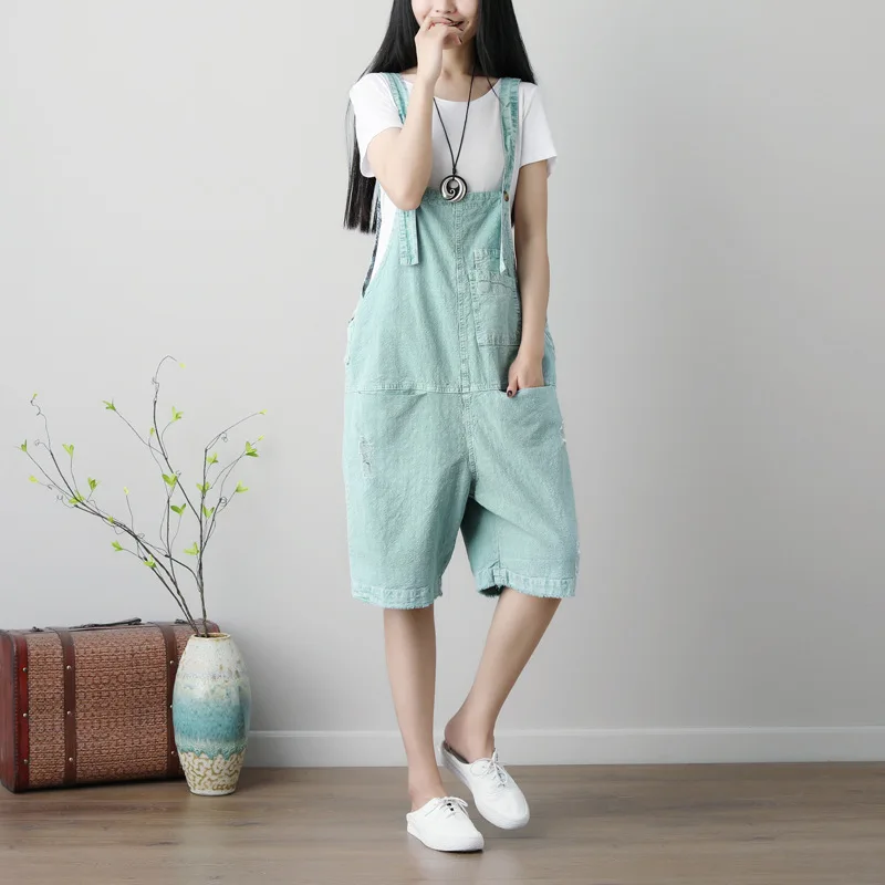 Летний Тонкий женский комбинезон свободного покроя из хлопка и льна рваные