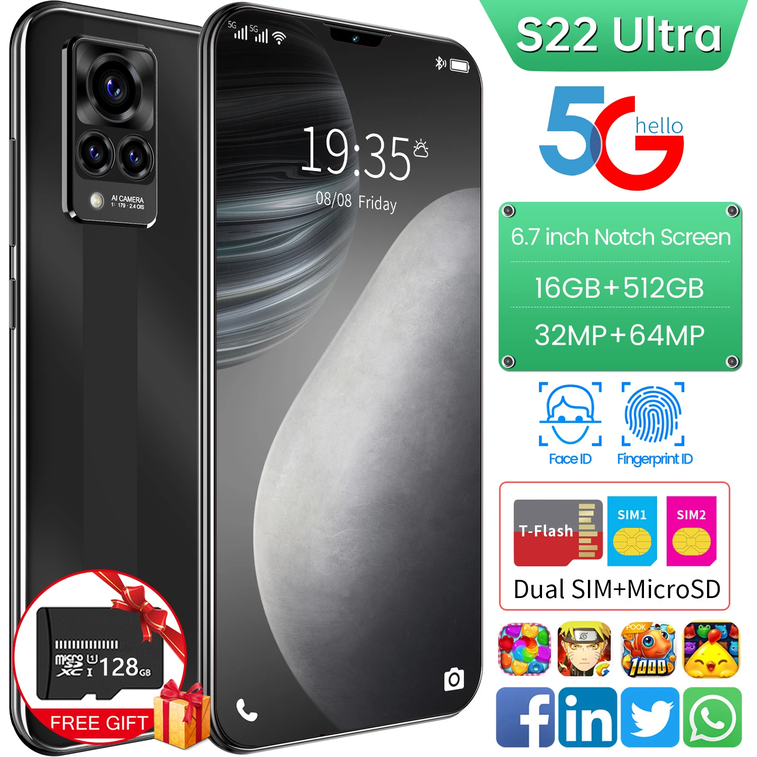 

5G S22 Ultra Global Version Android11.0 16GB 512GB Galay 6500mAh 6.7Inch Mobile Phone Waterdrop HD Screen Cellphone Smartphone