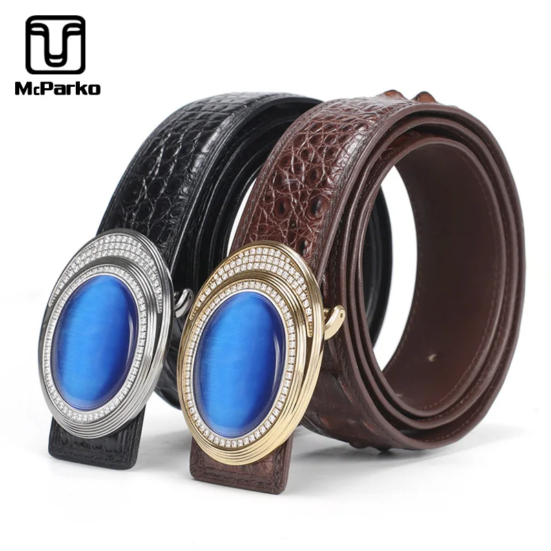 

McParko Luxury Men Belt Leather Fashion Cat's Eye Stone Buckle Genuine Leather Crocodile Belt Business Jeans Belts Black Brown