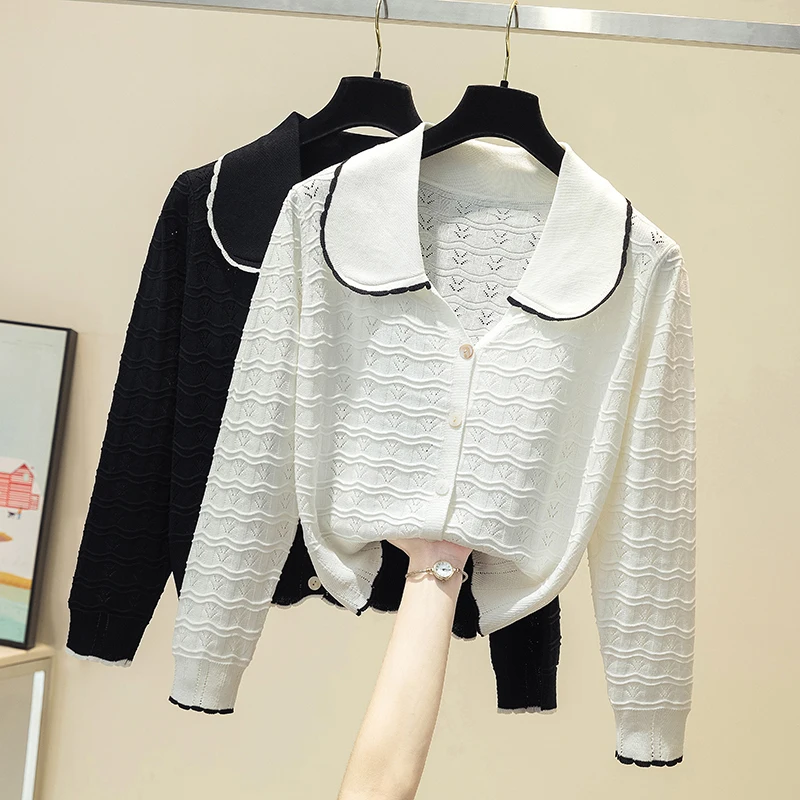 

2021 Spring Autumn New Women Sweaters Solid Hollow Out Peter pan Collar Sweater Mujer White Knitted Loose Long Sleeve Top Femme