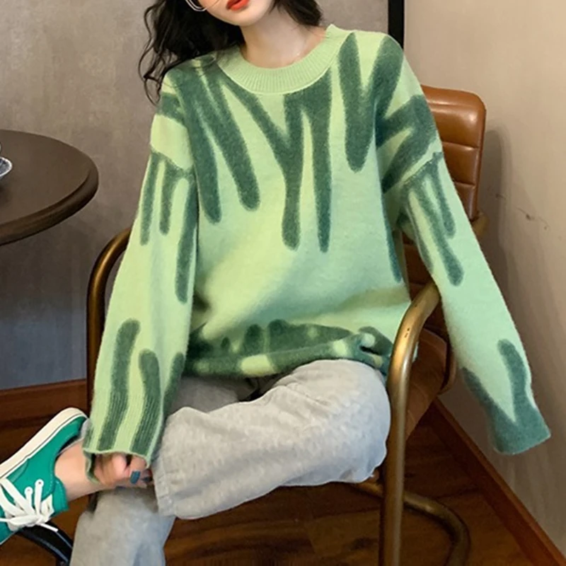 

Elegant Knitted Sweaters Women Oversized Pullover Stripes Print Sweaters Women Winter Outerwear Loose Tops Coat