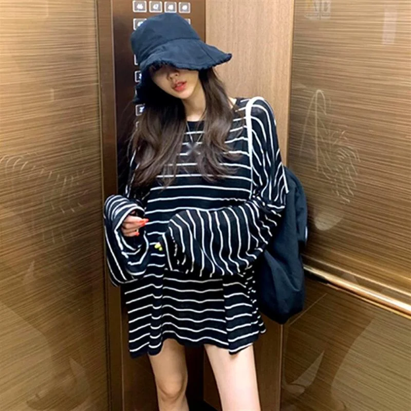 

Новинка весна-осень 2021 Женская длинная полосатая Солнцезащитная тонкая Толстовка с длинным рукавом DF8L