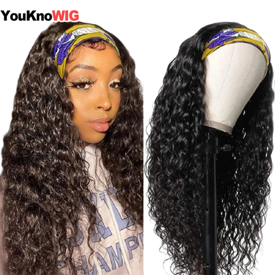 

Парики из человеческих волос без клея в виде водной волны, Бразильская повязка на голову, Женская Длинная черная длинная 8-28 дюймов, вьющиеся...