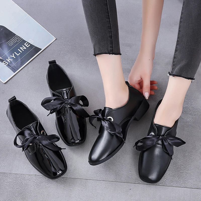 Autumn Bow Shiny Loafers Women Shoes Patent Leather Elegant Low Heels Ladies Footwear Female Pointed Toe Thick Heel | Обувь