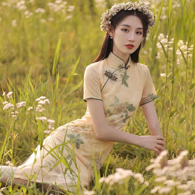 Floral Qipao Women's Traditional Chinese Cheongsam Dresses Vestido Printing Stand Collar Short Sleeve Elegant Retro Plus Size
