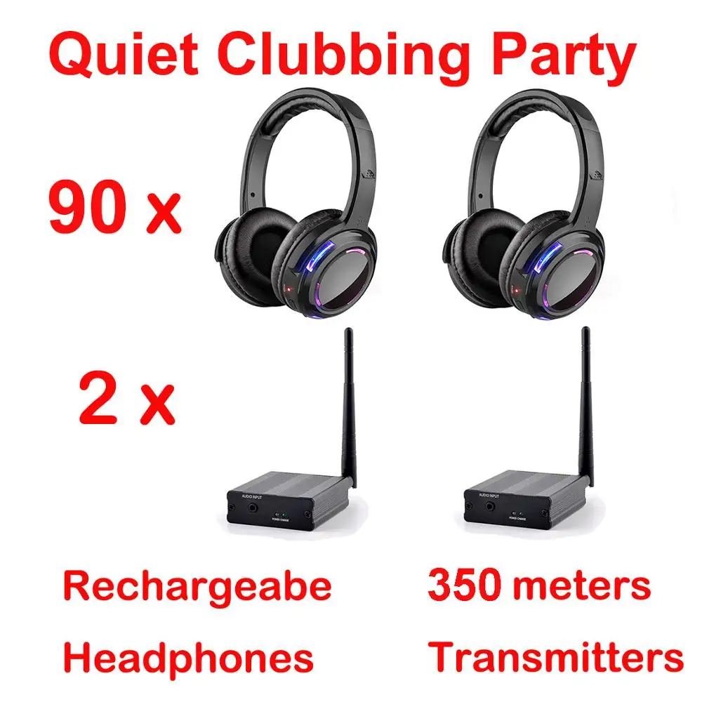 

500m Silent Disco Complete System Led Light Wireless Headphones Quiet Clubbing Party Bundle with 90 Headsets and 2 Transmitters