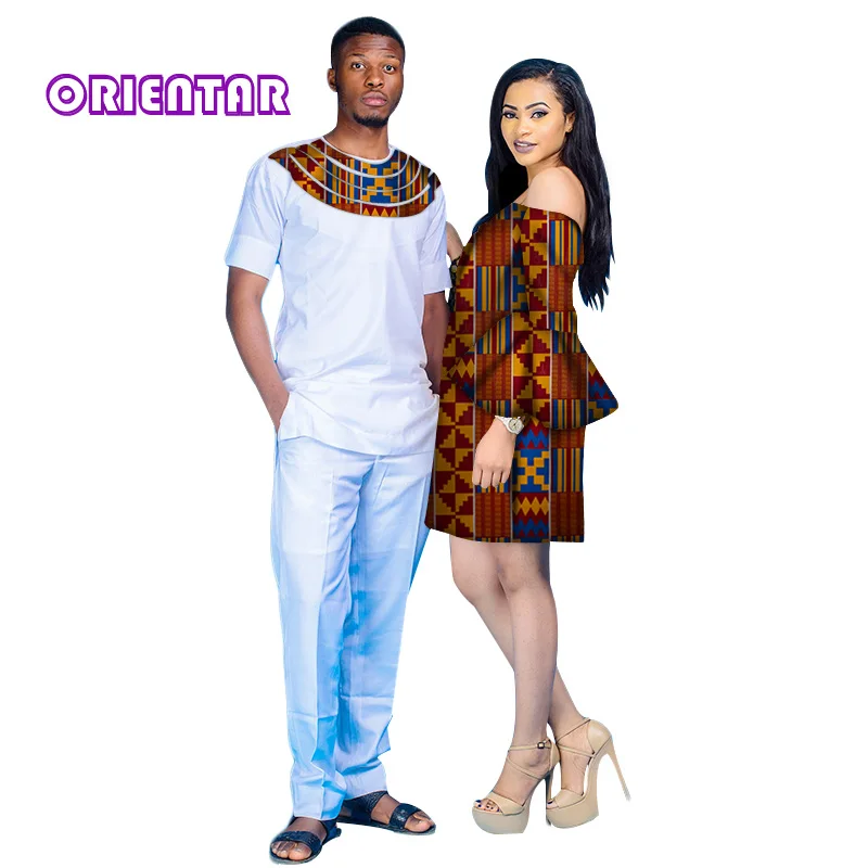 

African Couple Clothes Men Pants Set and Women Slash Neck Dress Bazin Riche Dashiki African Print Clothing for Lovers WYQ94