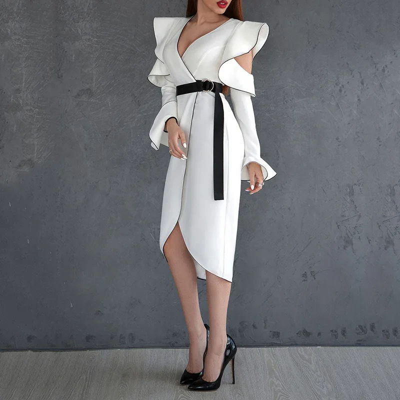 

Women Pure Midi Dress Solid Flare Sleeve Buttons Bodycon Sexy Deep V Neck Party Elegant 2021 Autumn Winter Club White Dress