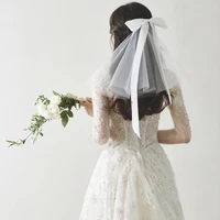 v664 1 classic fancy butterfly knotted satin korean short bridal wedding veil sweet princess white shoulder veil for bride