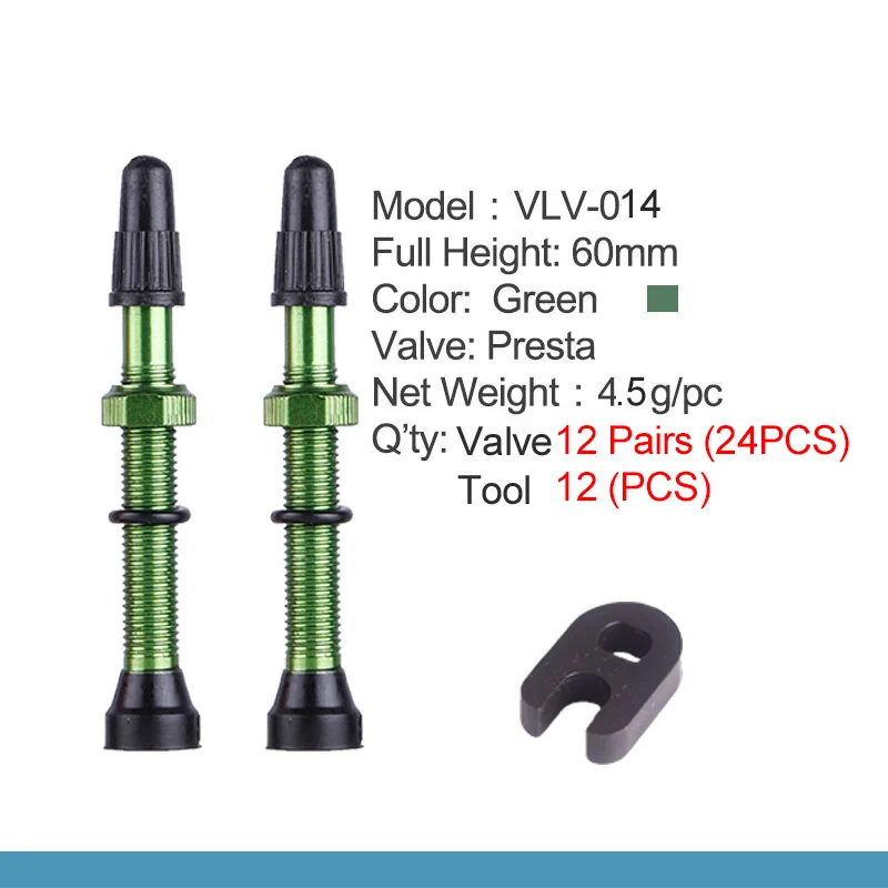 60mm Green 12 Pairs 6/12 пар 60 мм высота Tubless Rim клапаны ЧПУ-обработанный анодированный сплав стержень латунный сердечник многоцветные опционы с дополнительным инструментом - Цвет: 60mm Green 12 Pairs