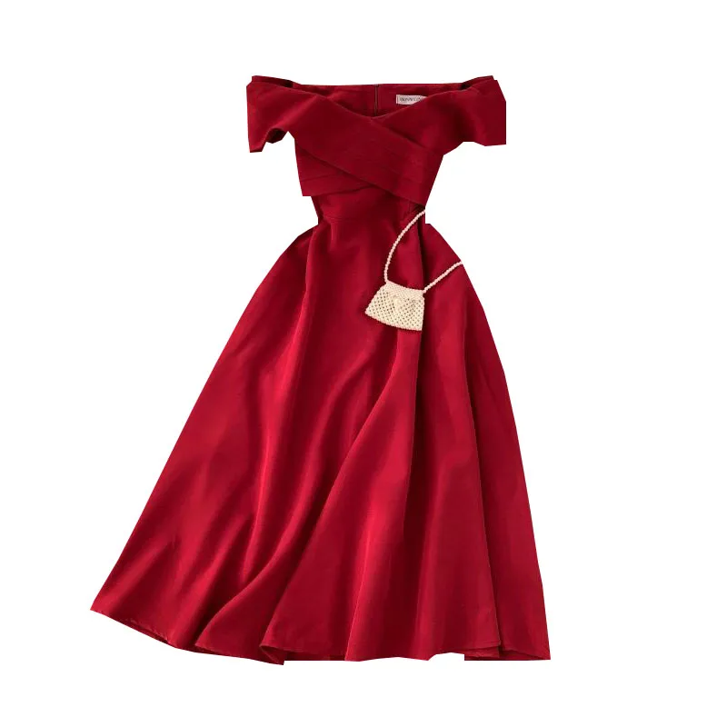 

dress women's banquet fashion celebrity temperament one line shoulder cross waist show thin French retro knee dress