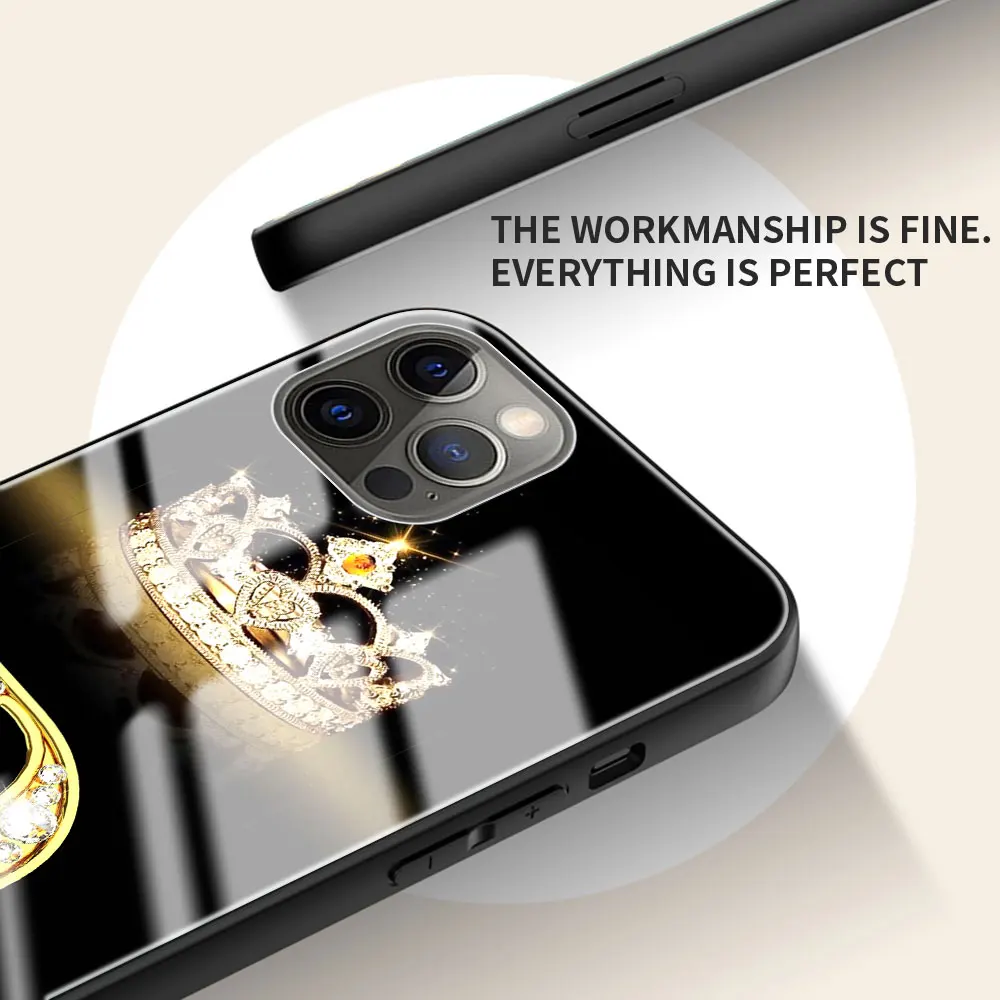 Phone Case for iPhone 11 12 Pro 7 8 XR X 6 6S Plus 5 XS Max SE Tempered Glass Coque Back Cover Diamond Crown Letter 13