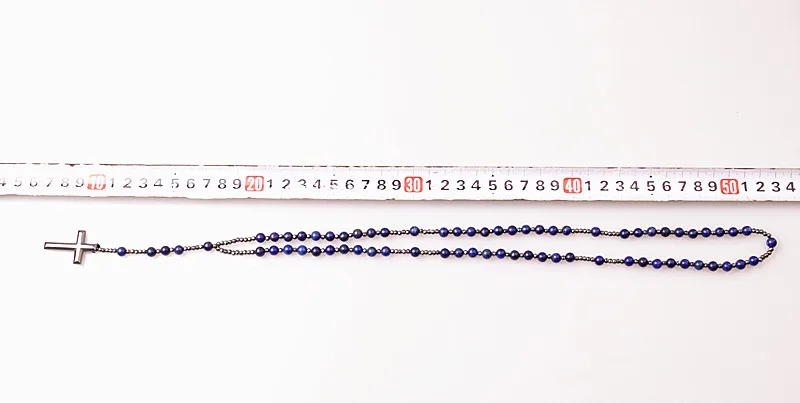

Personalised stone and hematite necklace for men and women, 6mm lapis stone bead, pap catlico rosary cross pendant for men and