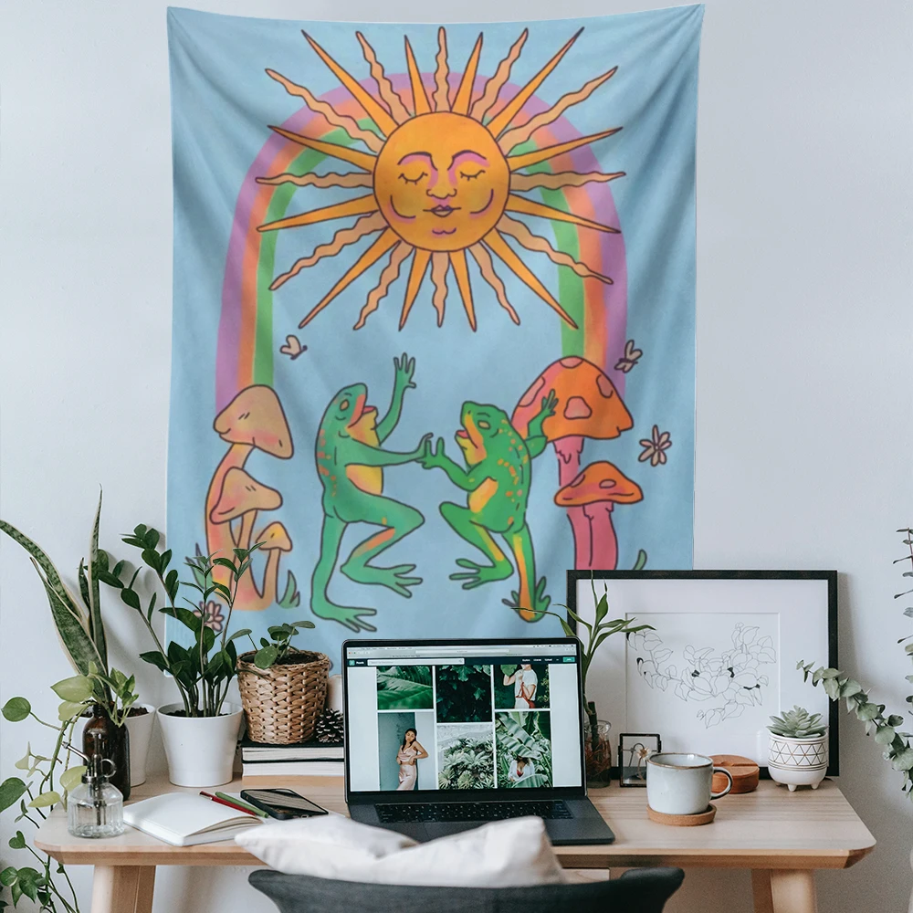 Гобелен настенный в стиле ретро гобелен с изображением солнца радуги лягушки