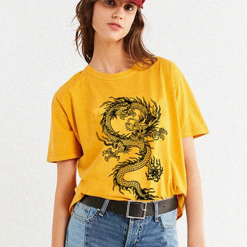

Футболка с драконом в китайском стиле, повседневная хлопковая хипстерская смешная футболка в японском стиле, подарок для молодых девушек