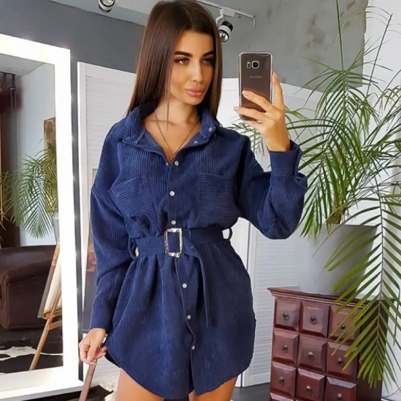 

Women's Casual Mini Female Plus Size Cloth New Spring Turn-Down Collar Corduroy Sashes Shirt Dresses Women