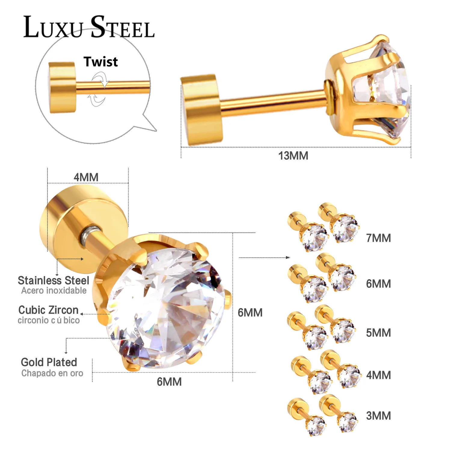 Женские круглые серьги гвоздики из нержавеющей стали с фианитом|screw stud earrings|stud
