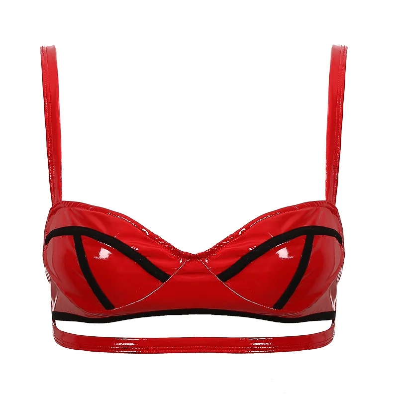 Womens Lingerie Sex Bra Top Wet Look Patent Leather Adjustable Shoulder Straps Cut Out Underbust Wire-free Unlined Hot | Тематическая
