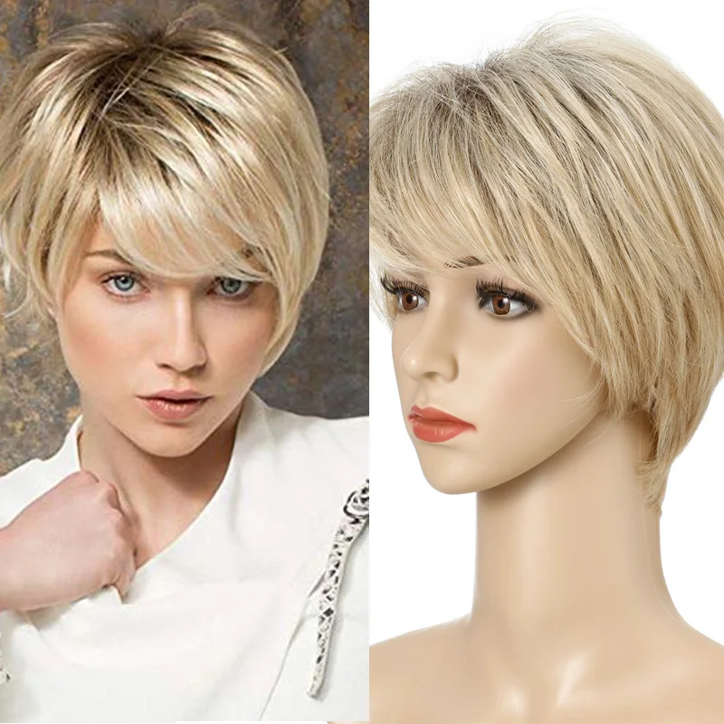 

DAN BO Women's synthetic mixed blond brown short wig natural wig heat-resistant hair women Cruella wig