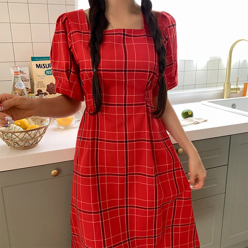 Женское платье в клетку GALCAUR летнее с квадратным воротником пышным рукавом и