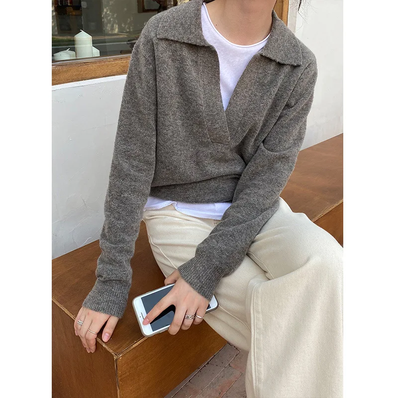 

2021 Spring Korean Sweater Polo Collar Urban Classic Versatile Wool Blended Top Sweater Lady Fashion Dress