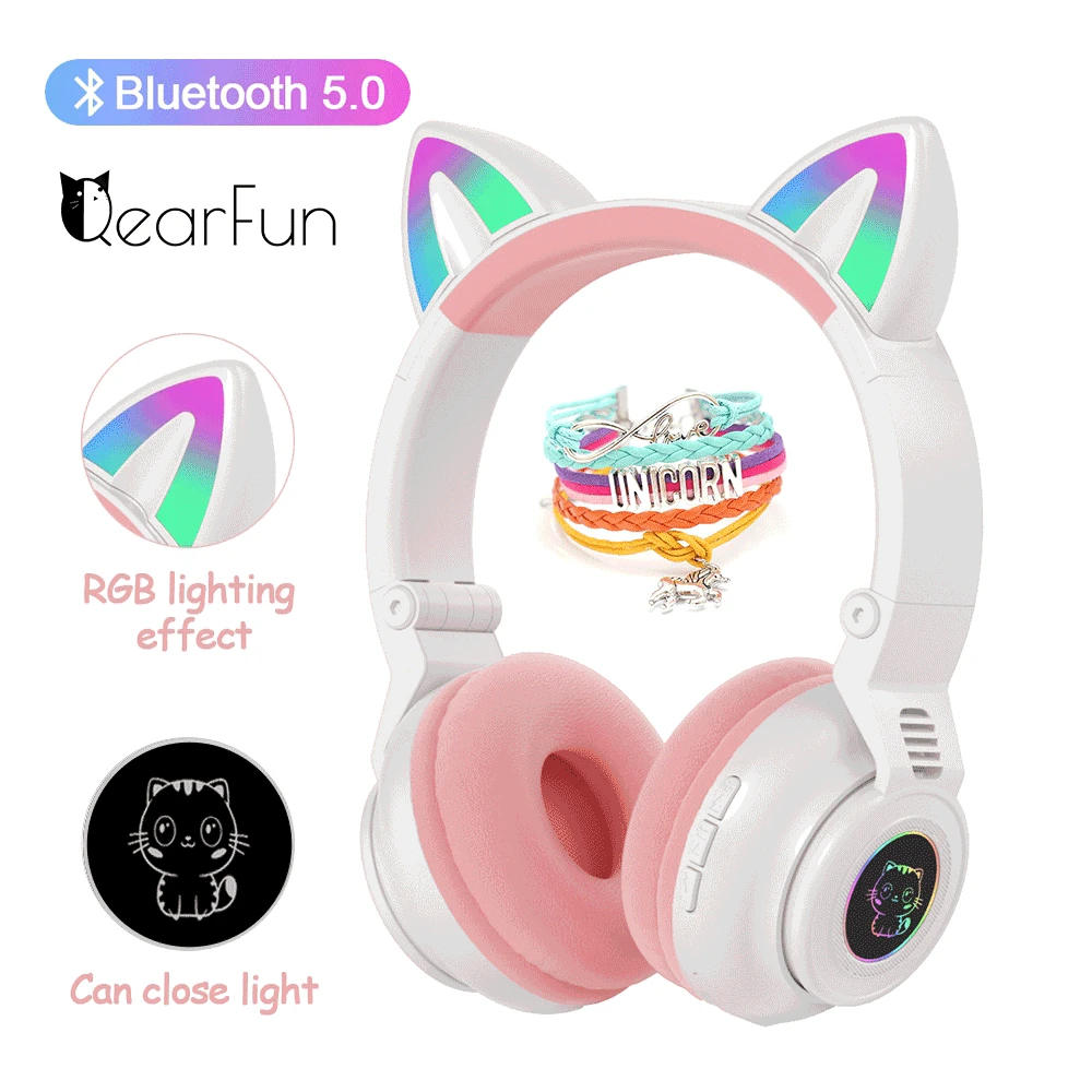 Qearfun Милый Кот Bluetooth Беспроводной наушники с микрофоном розовое шерстяное пальто